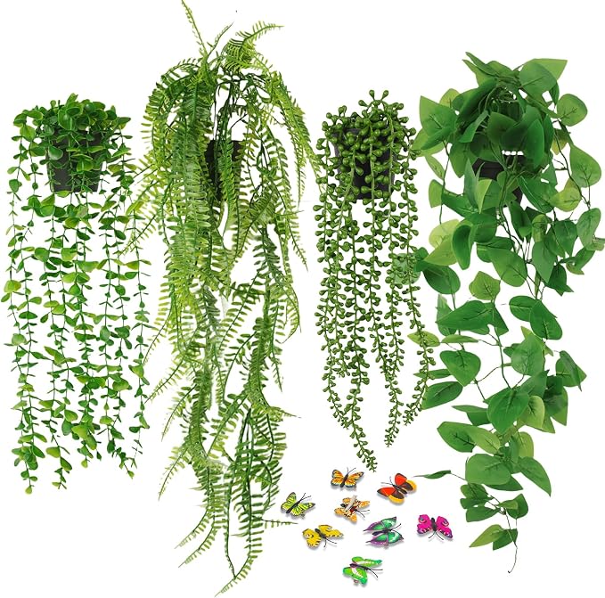 Fake Plants 4 Pack Artificial Hanging Plants Fake Potted Greenery | Faux by Belicoo
