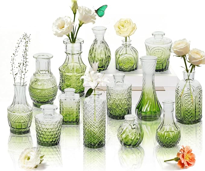Clear Gradient Green Glass Bud Vase Set of 14 Pcs, Small Bud Vases in Bulk by JXINDUJU