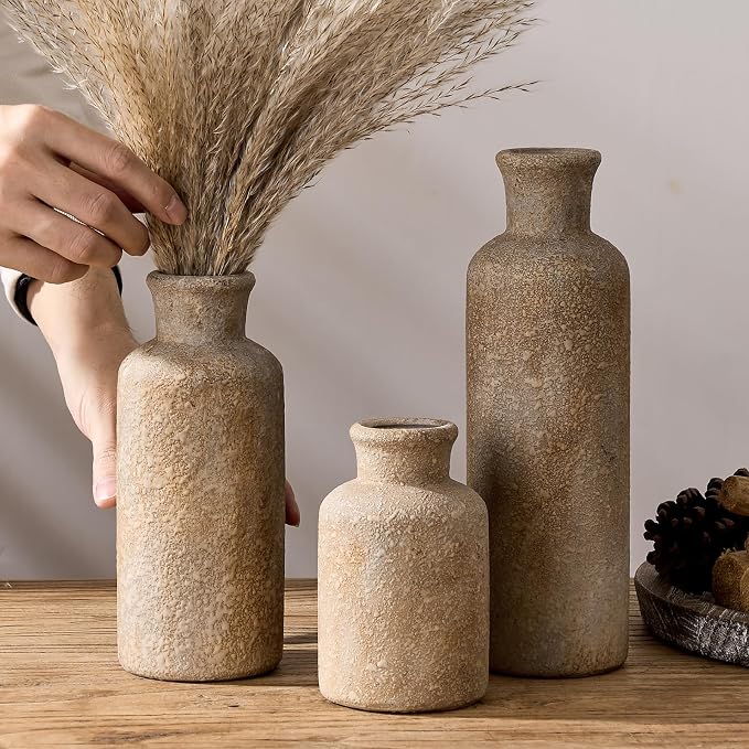 Ceramic Rustic Farmhouse Vase Set of 3, Terracotta Vases - Image 4
