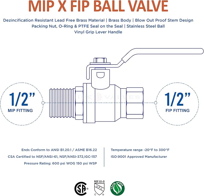 Midline Valve 822MF234-10 Premium Brass Full Port Ball Valve 1/2 in. FIP x MIP - Image 5