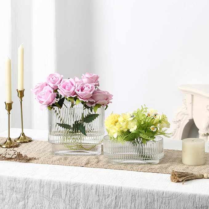 Short Glass Vases, Ribbed Vase for Flowers, Modern Small Vase for Living Room - Image 3