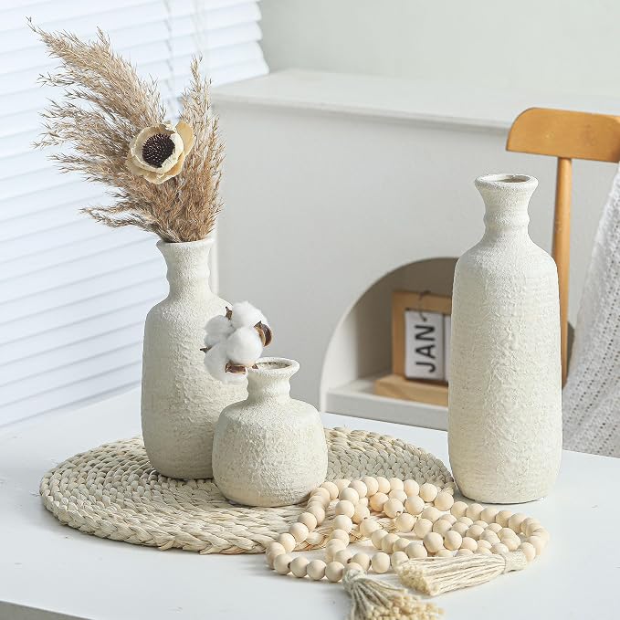 Ceramic Vase Set of 3, Neutral Rustic Vases Home Decor Farmhouse Decorative - Image 7