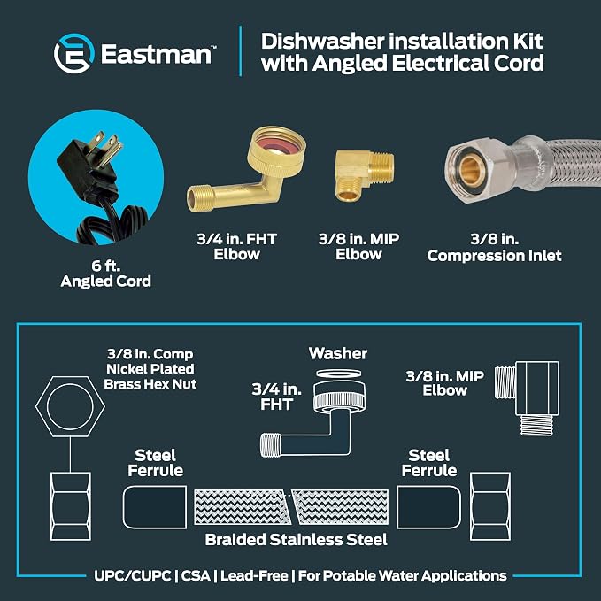 Eastman 6 Ft. Dishwasher Installation Kit, Braided Stainless Steel Supply Line - Image 6