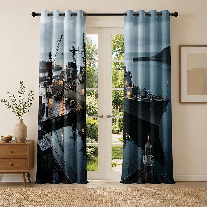Navy Warship Blackout Curtains 54 inches Long 2 Panels | Seaport Dock Printed - Image 3