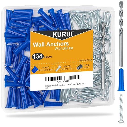 #12-16 Wall Anchors and Screws Kit, 67 Plastic Concrete Anchors and 67 Wood by KURUI
