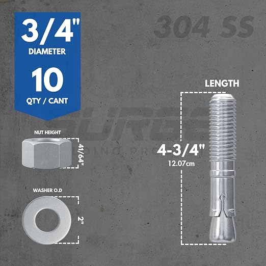 3/4" X 4-3/4" 304 Stainless Steel Wedge Anchors - Image 3