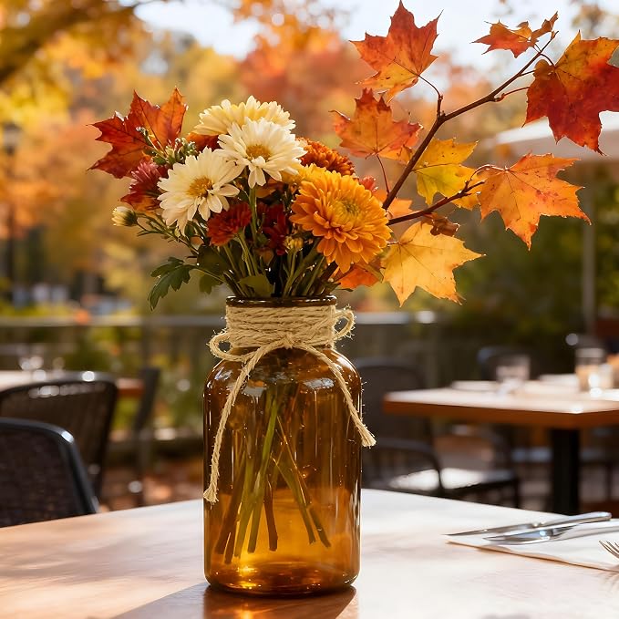3 Pack Mason Jar Vases for Centerpieces, Amber Glass Flower Vase | Vintage - Image 4