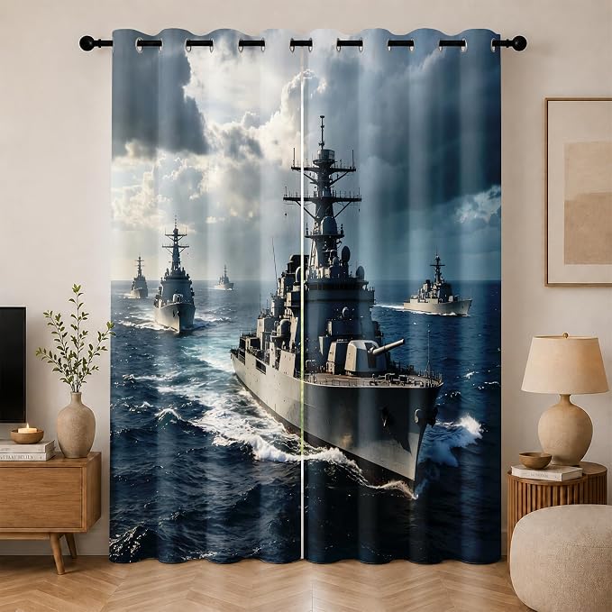 Naval Warships Blackout Curtains 63 inches Long 2 Panels | Ocean Battleship by Unknown