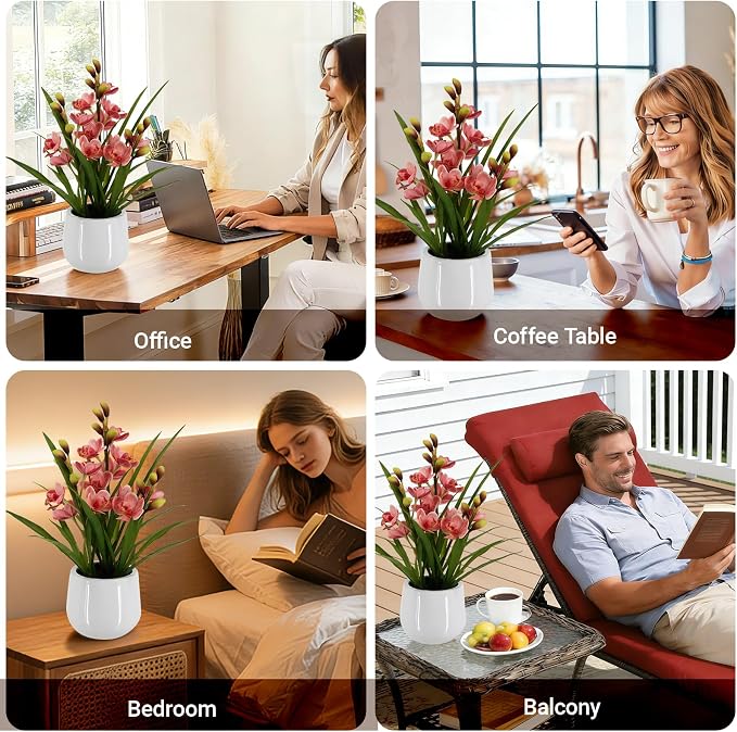 Fake Orchid Plant 19" Tall, Realistic Touch Leaves, Potted Cymbidium Artificial - Image 3