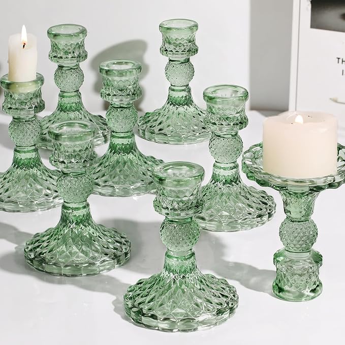 12Pcs Green Candlestick Holders Set- 4" H Taper Candle Holders Bulk, Glass by DARJEN