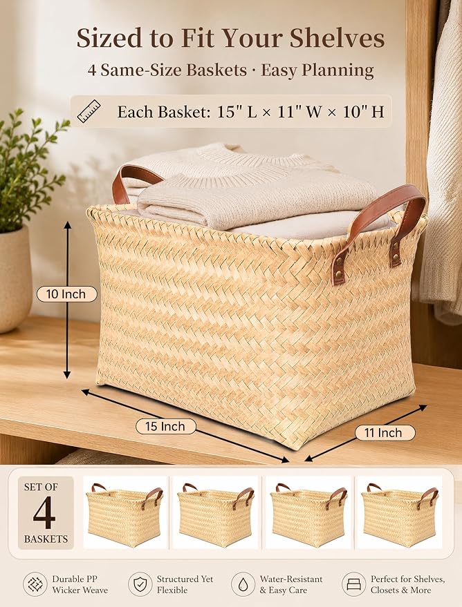 Wicker Storage Baskets, 4 Pack Woven Baskets - Image 2