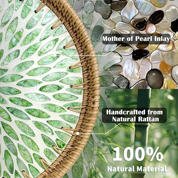 Round Rattan Tray with Mother of Pearl Inlay, Decorative Basket with Wooden Base - Image 3
