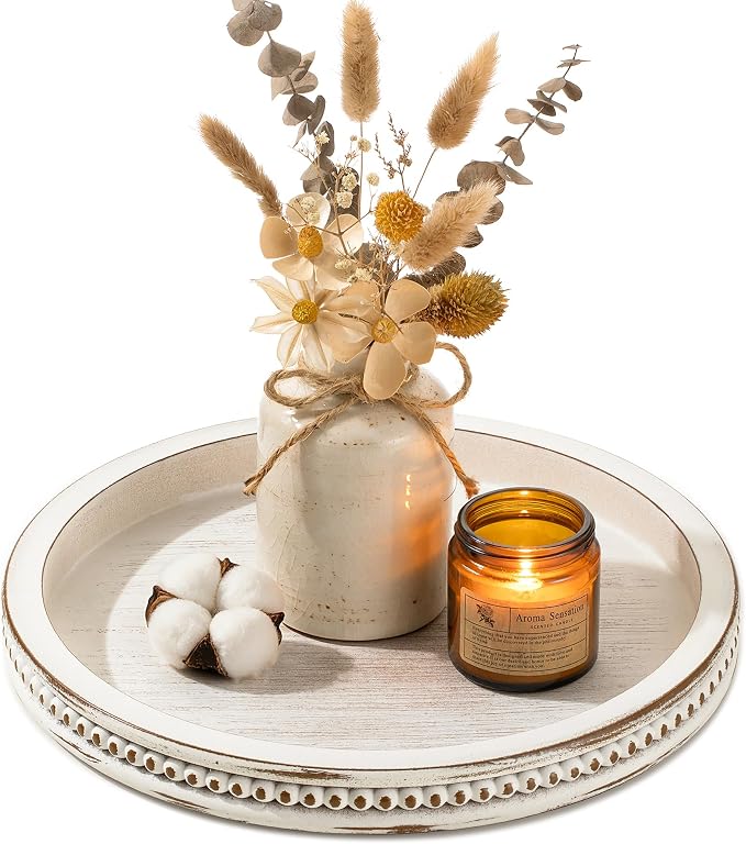 Hanobe Decorative Tray for Coffee Table: 11.8" Round Whitewashed Wood Tray for by Hanobe