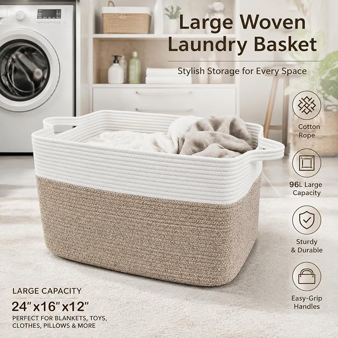 96L Laundry Basket with Handles, Extra Blanket Basket, Living Room - Image 5