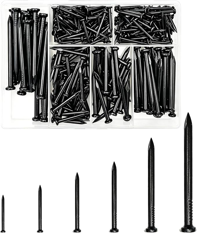 246PCS Black Cement Steel Nails Assortment Kit, 6 Sizes Heavy Duty Flat Head by ELOOGAA