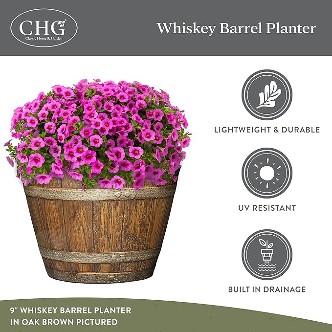 Whiskey Resin Flower Pot Barrel Planter, 20.5" Walnut Brown - Image 4