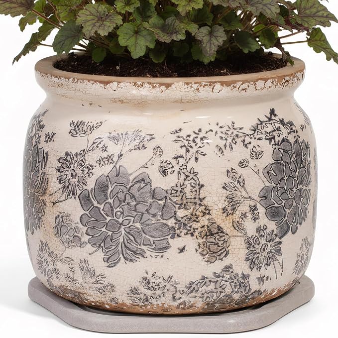 Rustic Ceramic Plant Pot with Decorative Saucer, Gifts by XiaanJiaju