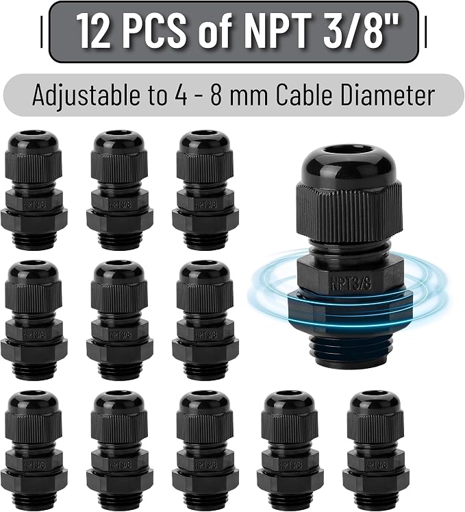 Bates- Cable Gland, 12 Pack, 3/8 NPT, Nylon Strain Relief Cord Connector - Image 2