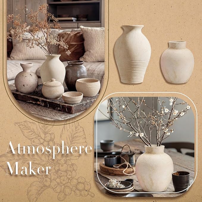 2 Pcs Rustic Farmhouse Vase Terracotta Clay Vase White Pottery Decorative - Image 5