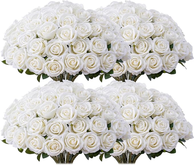 100 PCS Fake White Roses, Artificial Flowers Bulk, Silk Faux Ivory Roses | by Jefuzh