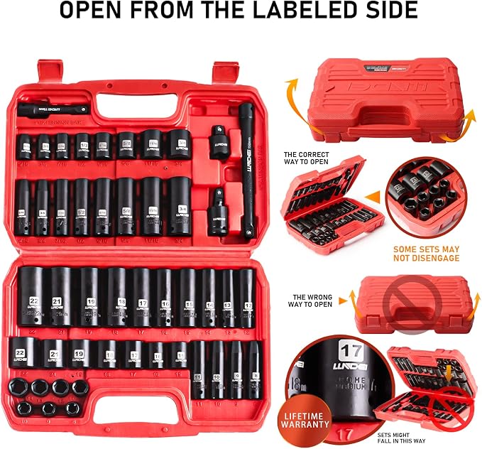 3/8" Drive Impact Socket Set 48Pcs, SAE and Metric | SAE and Metric, Extension - Image 7