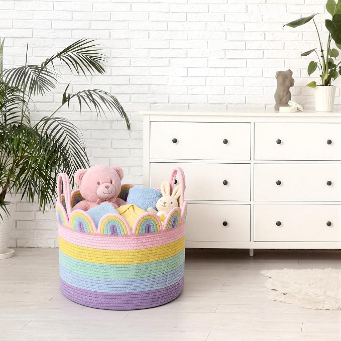 LemonRoad Round Woven Basket Pastel Rainbow, Cotton Rope Scalloped Edge Tassels - Image 6