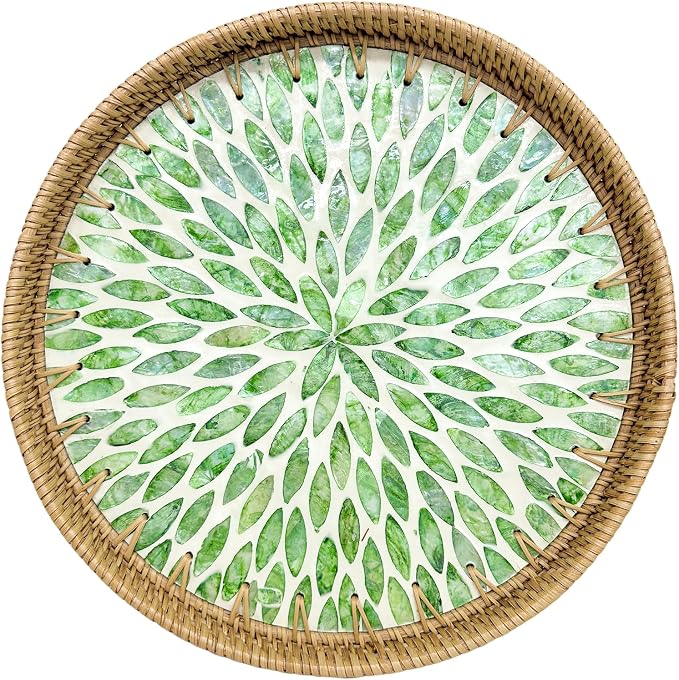 Round Rattan Tray with Mother of Pearl Inlay, Decorative Basket with Wooden Base by Unknown