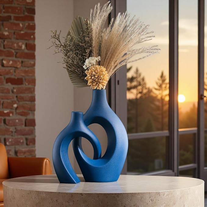 Snuggle Hollow Ceramic Vase Set of 2, 11 inch Modern Nordic Coastal Shaped - Image 3