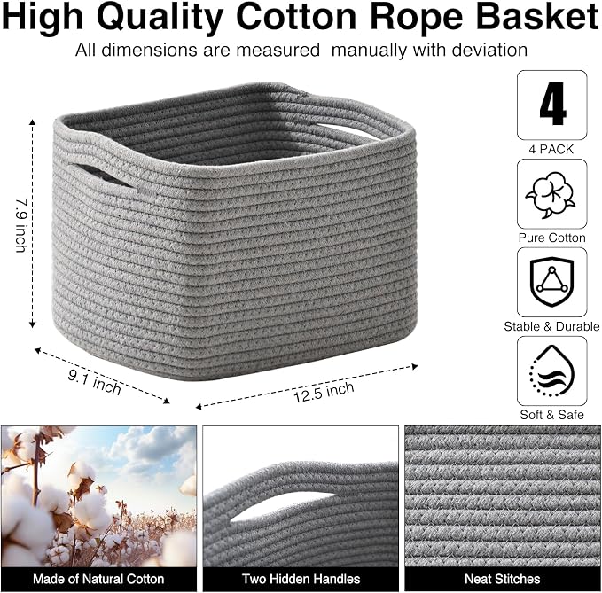 ICERZCZ Small Storage Baskets for Shelves Organizing, Woven Cotton Rope Baskets - Image 3