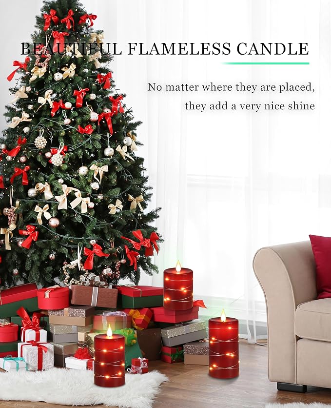 Red Flameless Candles with String Lights Battery Operated LED Pillar Candles - Image 6