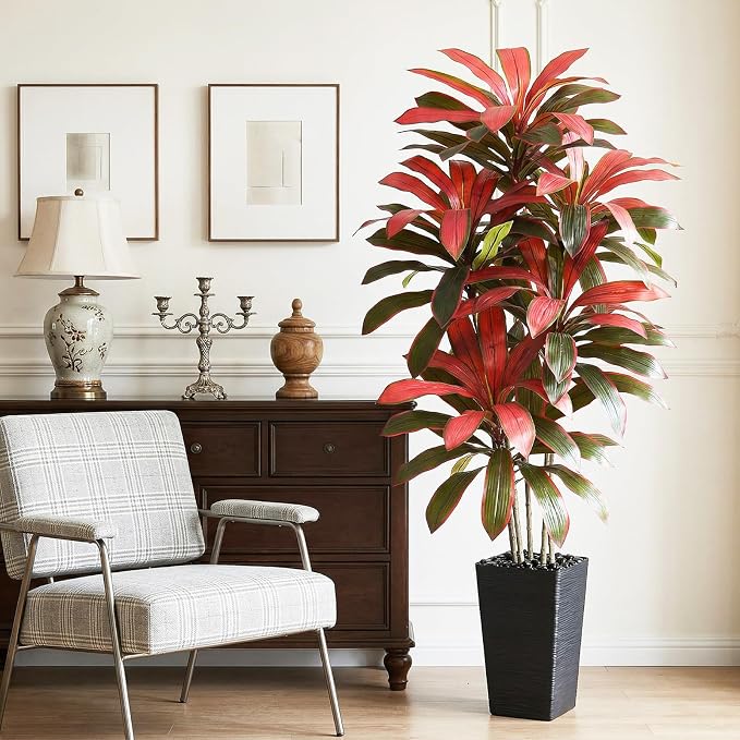 Artificial Dracaena Tree: 6FT Fake Plants Silk Faux Trees（Black Pot） | - Image 8