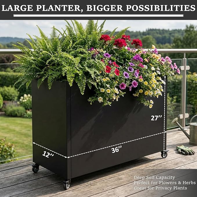 Metal Planter Box with Wheels, Rectangular Planter Raised Garden Bed - Image 2