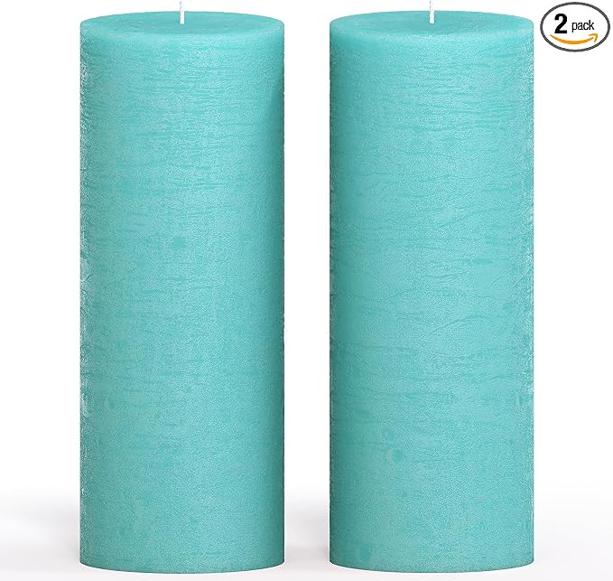 Turquoise Pillar Candles 3x8 Inch – Set of 2 Unscented Dripless Large Candles by CANDWAX