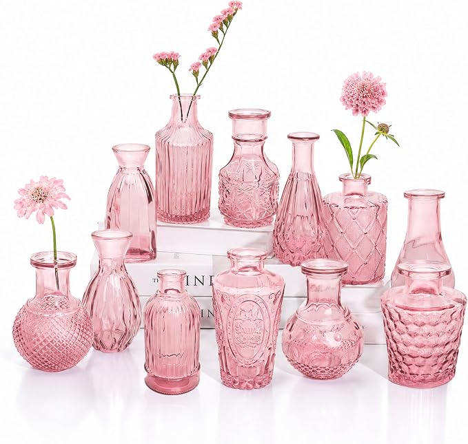 Petal Petite Middle Pink Glass Bud Vase Set of 12 by Unknown
