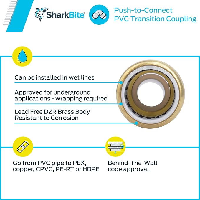 SharkBite 1 Inch CTS x 1 Inch PVC Transition Coupling, Push to Connect Brass - Image 6