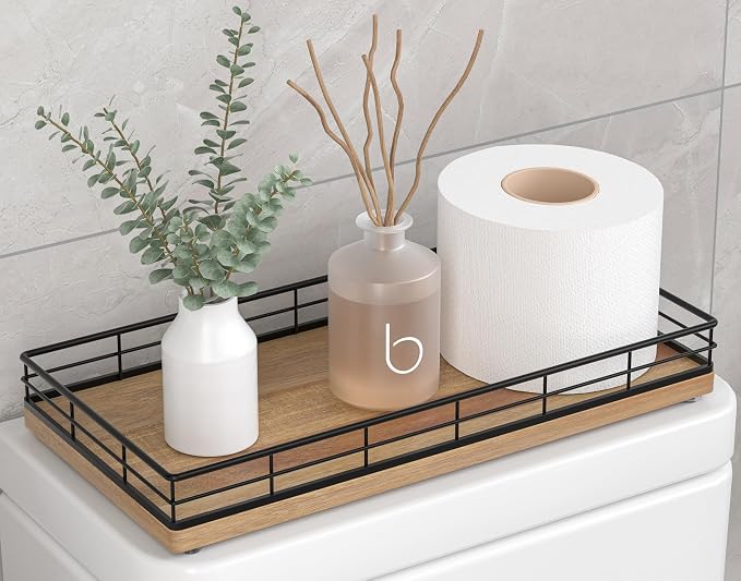 Toilet Paper Basket Organizer, Acacia Wood Toilet Tank Tray, Metal Frame | by Focusonit