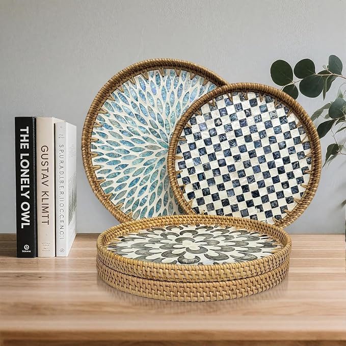 Round Rattan Tray with Mother of Pearl Inlay, Decorative Basket with Wooden Base - Image 6