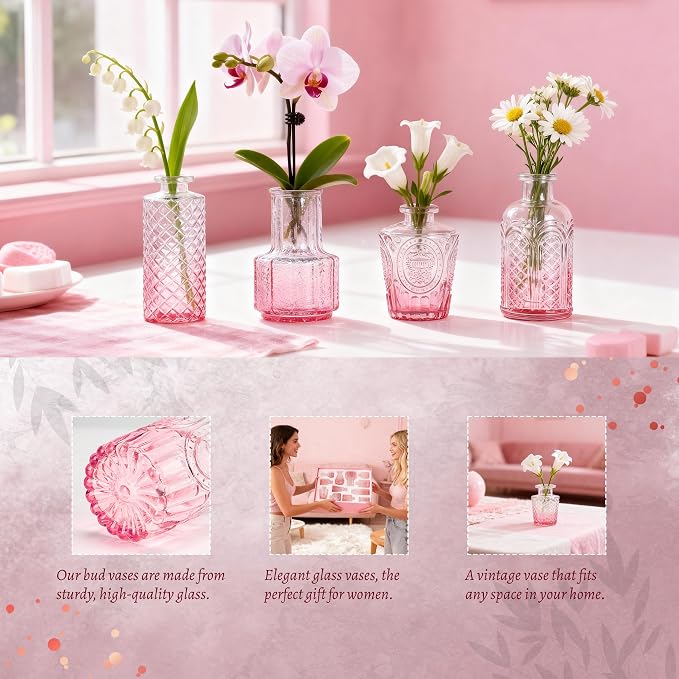 Der Rose 20pcs Glass Bud Vases, translucent glass, vintage etched patterns - Image 5