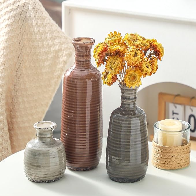 Ceramic Vases Set of 3, Neutral Rustic Farmhouse Vases Home Decor Decorative - Image 8