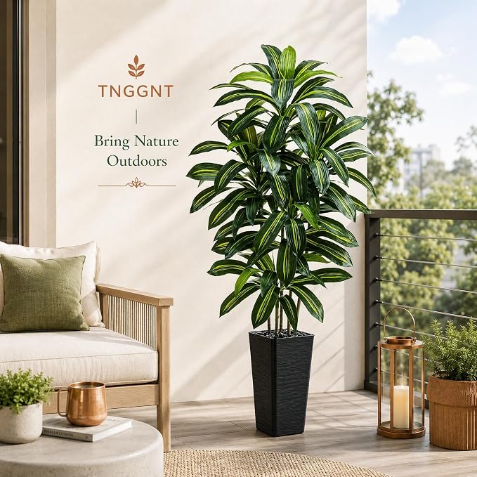 Artificial Dracaena Tree: 5FT Fake Plants Silk Faux Trees（Black Pot） | - Image 10
