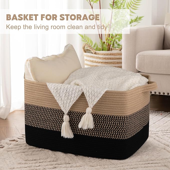 OIAHOMY Large Blanket Basket, 65L Cotton Rope Woven Laundry Basket, Toy Bin - Image 2
