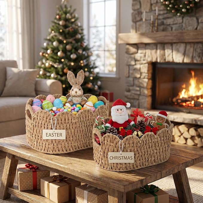 iEGrow Paper Rope Scalloped Basket, Cute Boho Oval Baby Baskets - Image 8