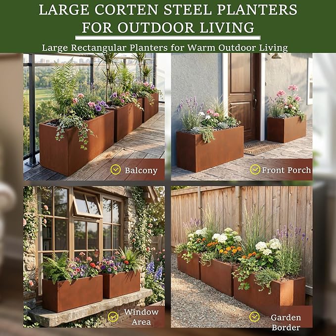 32 Inch Corten Steel Planter Box, Large Rectangular Planter | Weathering Steel - Image 7
