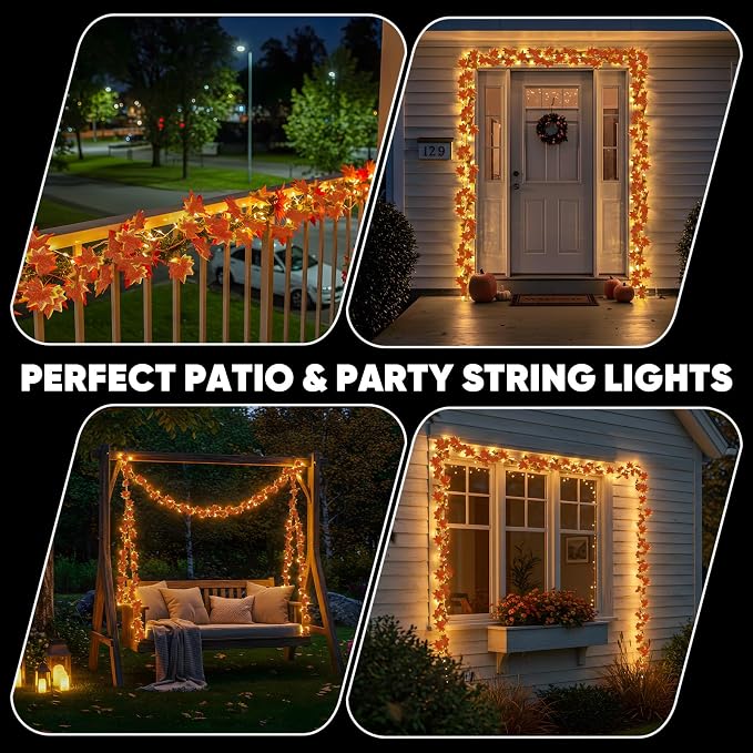 33FT 100 LED Maple Leaf String Lights Battery Operated Copper Wire | Vine - Image 5