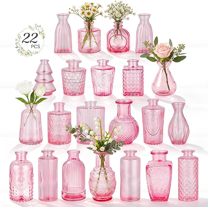 22 Pack Pink Glass Bud Vases, Vintage Small Flower Vases by RUCKAE