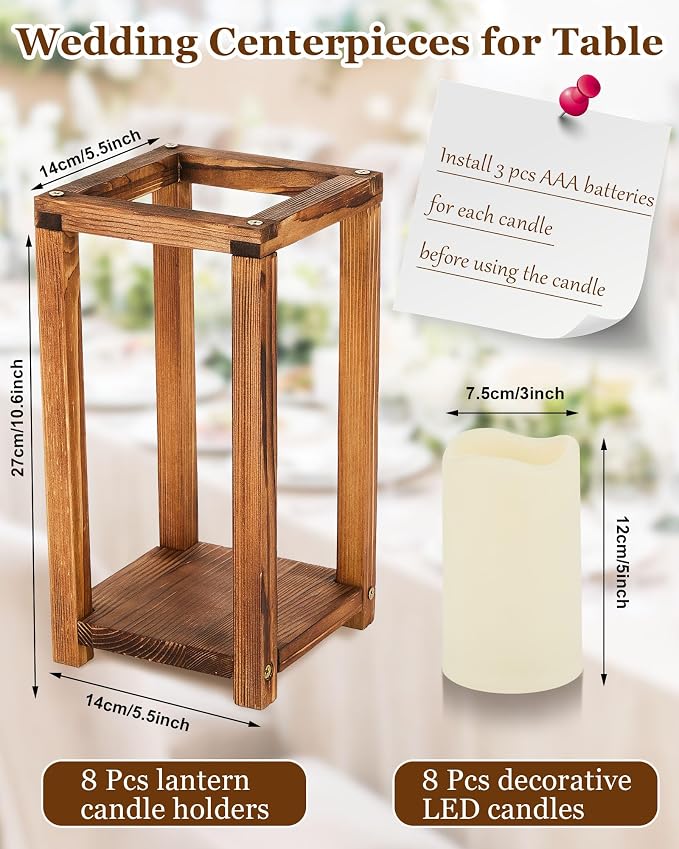 Huquary 16 Pcs Wooden Wedding Lantern Centerpiece Includes 8 Rustic Wooden - Image 2