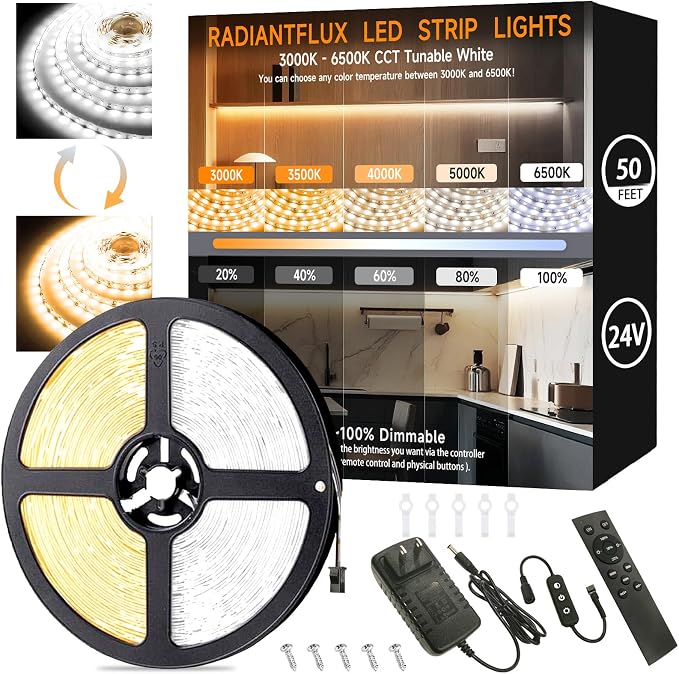 RadiantFlux 50ft LED Light Strip, Warm White Light 3000K-6000K, Ultra-Bright by RadiantFlux