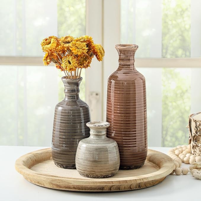 Ceramic Vases Set of 3, Neutral Rustic Farmhouse Vases Home Decor Decorative - Image 5