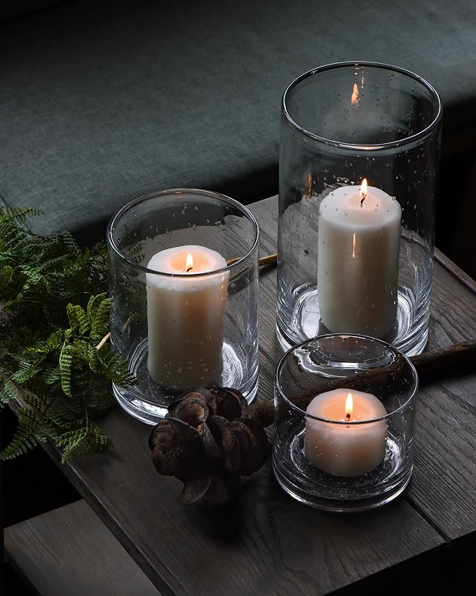 Hurricane Candle Holders Glass Cylinders Set of 3 | Clear Seeded Bubbles - Image 7