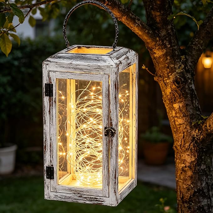16" High Wooden Lantern Made of Solid Firwood in Whitewash - Image 4